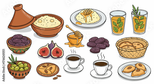 Moroccan food assortment with honey and tea