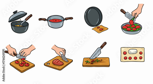 Cooking process with pots, pans, and food preparation