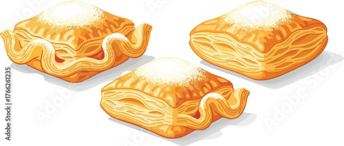 Three pastries with a dusting of powdered sugar on top, arranged on a white surface.