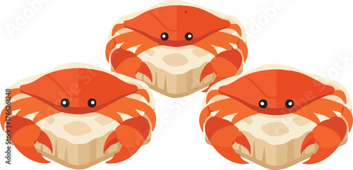 Three cartoon crabs with orange shells and beige bodies, arranged in a triangular formation.