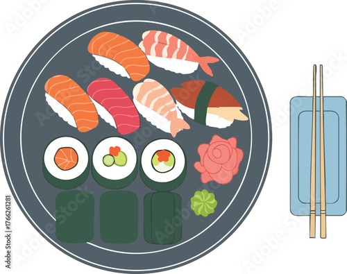 A top-down vector illustration of a Japanese sushi platter with various nigiri and maki rolls.