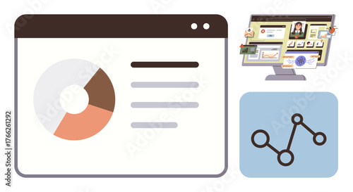 Pie chart and line graph on a data analytics interface, alongside a collaborative research workspace. Ideal for data visualization, teamwork, productivity, remote work, research, planning, simple