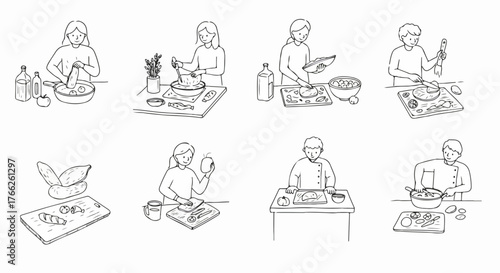 Cooking process steps with people preparing food