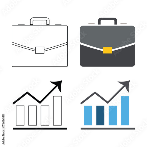 Set of business icons featuring a briefcase and a bar graph with an upward trend line