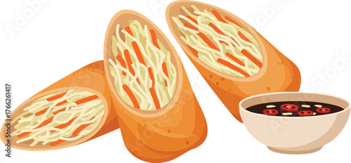 Illustration of spring rolls with a dipping sauce bowl.