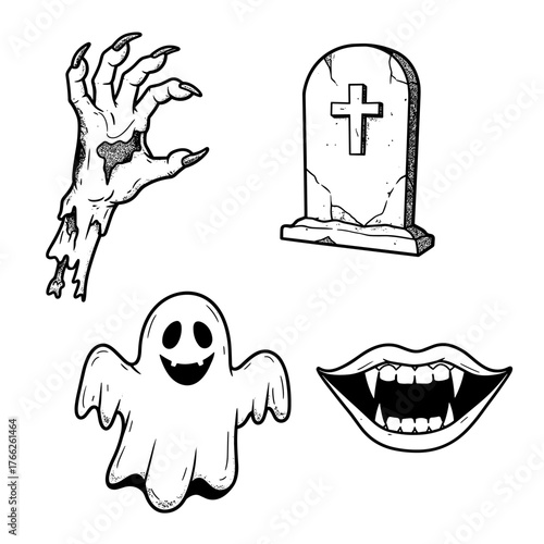 Cute cartoon vector illustration of a Halloween ghost next to a scary human skull and cross bones design symbol