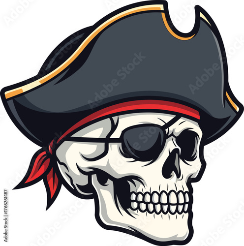 Cartoon pirate  skull vector viewed from the side with eye patch and hat.