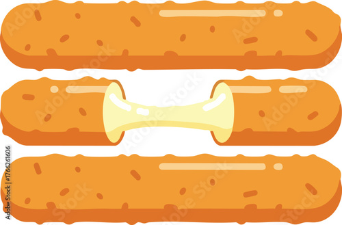 Vector illustration of three crispy fried mozzarella sticks, one broken to show a cheesy pull.