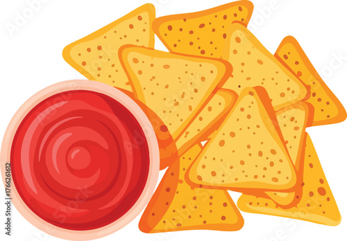 A pile of crispy tortilla chips served with a side of red salsa dip in a bowl, isolated on a white background.