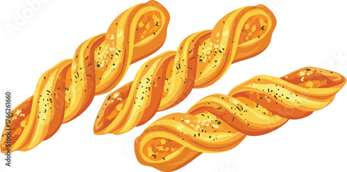 Illustration of three golden-brown baked cheese and herb bread twists isolated on a white background.