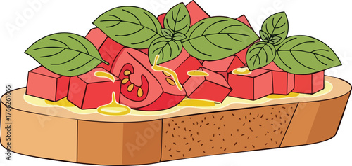 A close-up illustration of a bruschetta, a toasted bread topped with diced tomatoes and basil leaves.