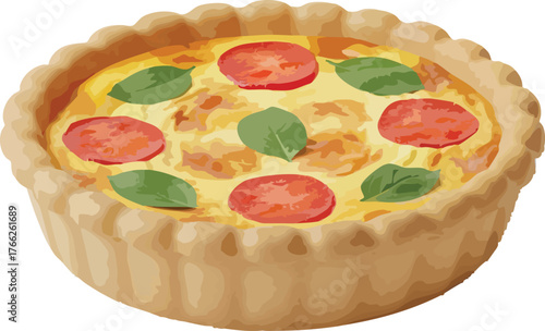 Savory quiche with tomatoes and basil in a tart crust.