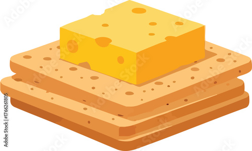 A cube of yellow Swiss cheese with holes resting on a stack of two square crackers, isolated on a white background.