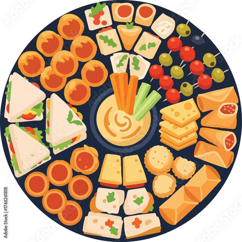 A circular platter filled with a variety of appetizers, snacks, and dips, perfect for sharing.