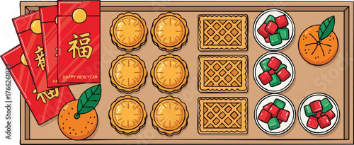 Lunar New Year tray with red envelopes, oranges, mooncakes, and sweets.