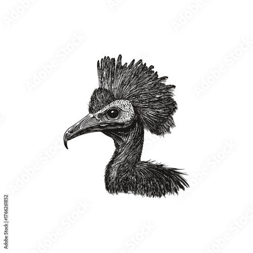 Vintage hand-drawn illustration of Cassowary head. Detailed ink sketch of the rare flightless bird, perfect for logo, print design, wildlife projects, or apparel.