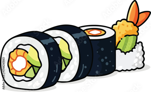 Close-up of sushi rolls with various fillings, including shrimp tempura and avocado.