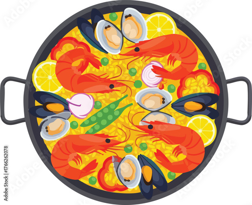 A vibrant and colorful illustration of a traditional Spanish paella dish, brimming with seafood and vegetables.