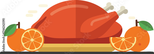 Flat design illustration of a roasted turkey or chicken on a platter with fresh oranges and orange slices.