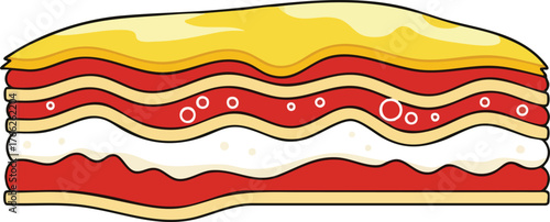 Cartoon illustration of a lasagna dish with layers of pasta, sauce, and cheese.