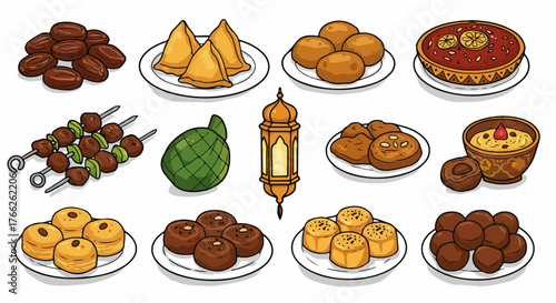 Ramadan food assortment with lantern and traditional sweets