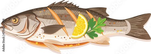 Grilled fish with lemon and parsley garnish illustration.