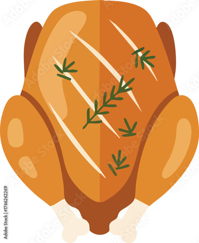 A simple vector illustration of a whole roasted chicken or turkey garnished with fresh rosemary for a holiday meal.