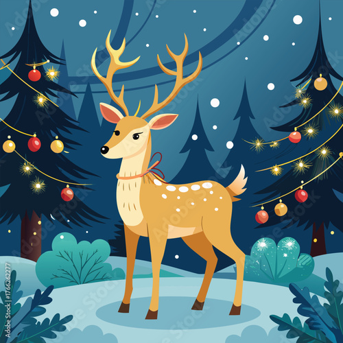 Majestic golden reindeer standing in snowy pine forest with Christmas lights and ornaments, elegant winter holiday vector illustration for festive themes.