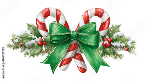Watercolor Christmas candy cane with green bow isolated high resolution PNG hand painted festive clipart for holiday design
