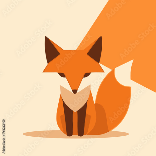 A minimalist geometric illustration of a cute orange fox sitting on a light background.