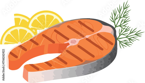 A grilled salmon steak with lemon slices and dill sprigs, presented on a white background.