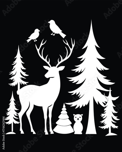 Elegant white deer silhouette standing among pine trees in dark forest, minimal winter vector illustration for Christmas and nature themes.