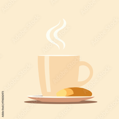 A steaming cup of coffee or tea with a biscuit on a saucer, presented in a minimalist flat design.