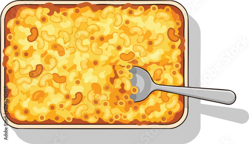 Illustration of a casserole dish filled with macaroni and cheese with a spoon.
