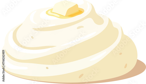 A creamy, fluffy mound of mashed potatoes is topped with a small, melting pat of butter, depicted in a clean vector illustration.
