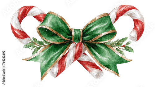 Watercolor Christmas candy cane with green bow isolated high resolution PNG hand painted festive clipart for holiday design
