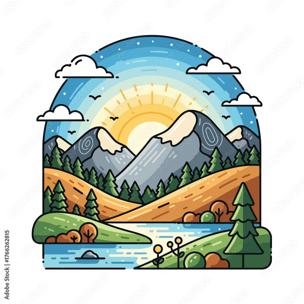 Fototapeta premium Aesthetic Flat illustration of a Nature Mountain at Morning