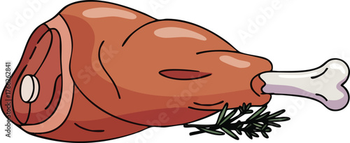 Cartoon illustration of a roasted ham leg with a bone and rosemary garnish on a white background.
