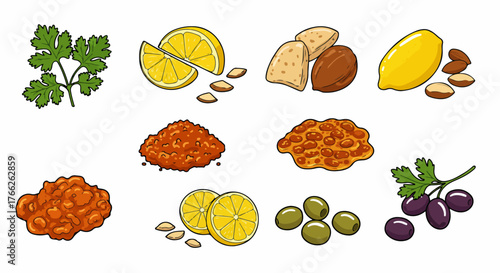 Middle Eastern food ingredients collection with transparent background