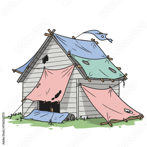 Run-down house with tattered colorful tarps in grassy area  