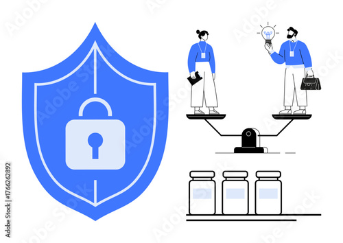 Large blue shield with lock, business people balancing scales holding ideas, containers below. Ideal for security, innovation, technology, privacy, teamwork balance safeguarding. Simple flat