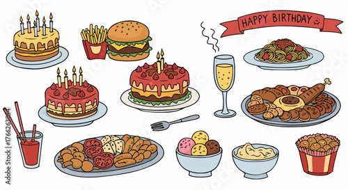 Birthday feast with cakes, burgers, pasta and champagne