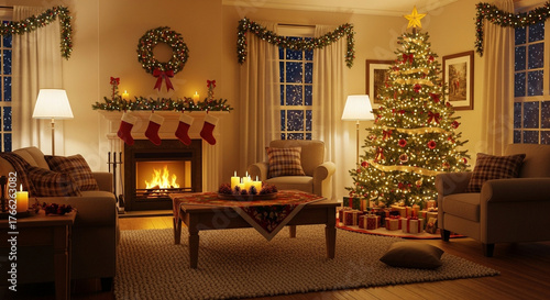Cozy living room decorated for christmas with tree, fireplace and gifts
