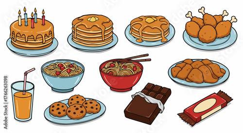 Food assortment collection with various dishes and sweets