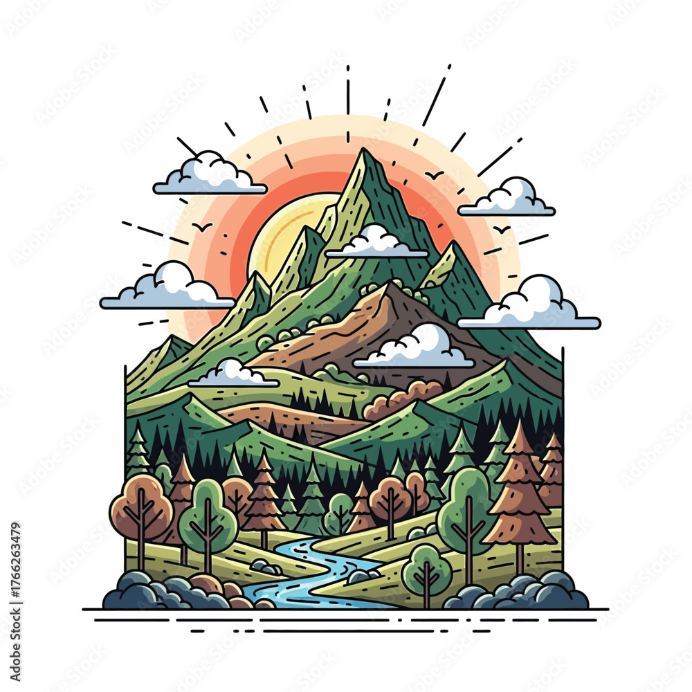 Obraz premium Aesthetic Flat illustration of a Nature Mountain at Morning