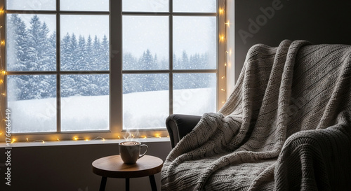 Cozy armchair with blanket and hot drink by the window overlooking snowy forest