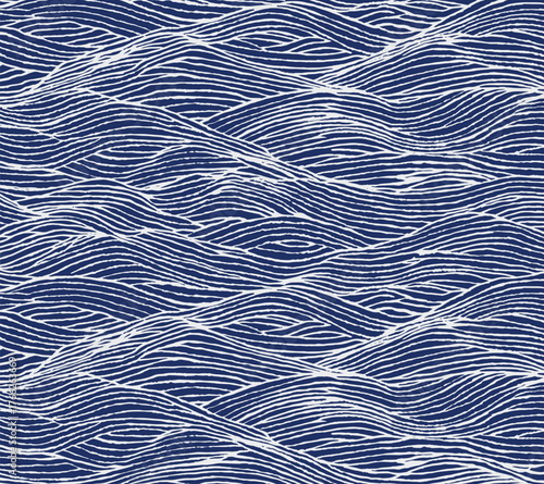 An intricate hand drawn brush lines ocean pattern, flowing with meditative rhythm. Inspired by the contours of water and waves, it captures the serenity and movement of the sea in deep navy ink.
