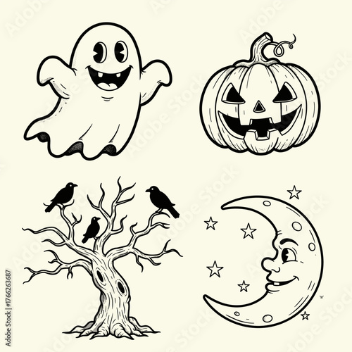 A cartoon vector illustration set of funny black line icon Halloween symbols, including an owl, ghost, and pumpkin decoration