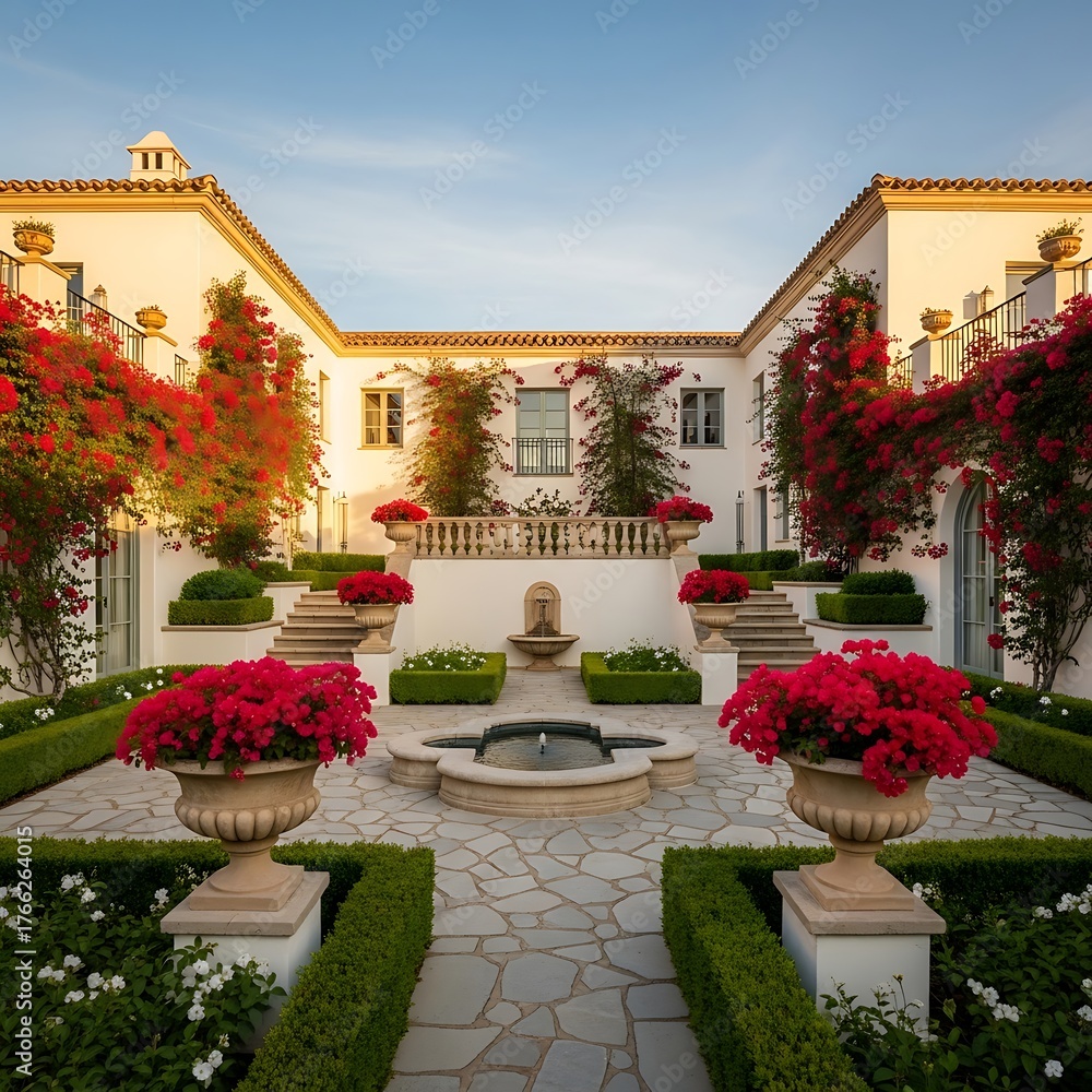 Fototapeta premium Beautiful courtyard with fountain, flowers, and architecture