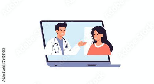 Doctor Consults Patient Online Through Laptop for Telemedicine Healthcare Solution, Providing Convenient and Accessible Medical Advice from Home, Digital Care